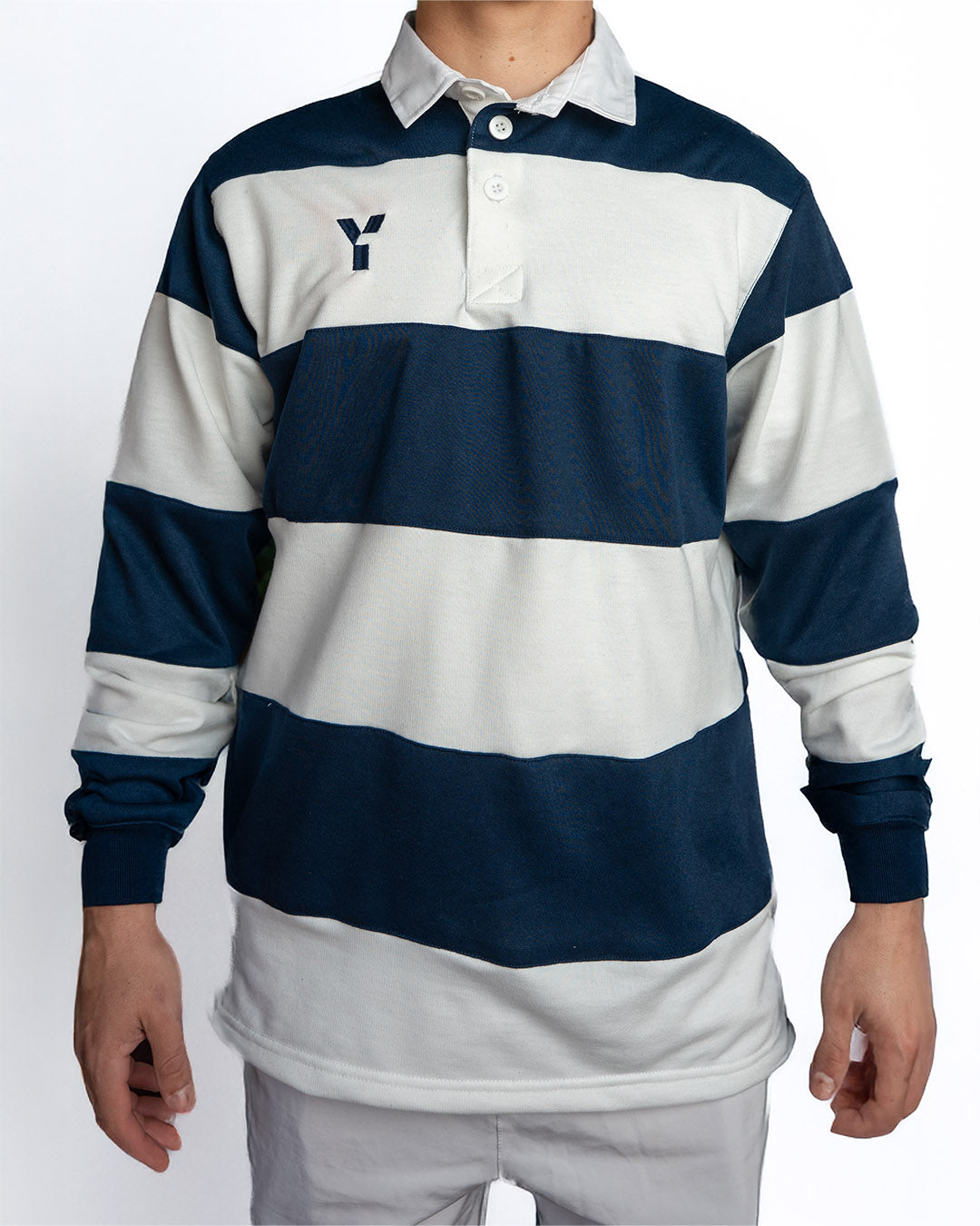Y1 Striped Retro Cotton Rugby Top Navy/White